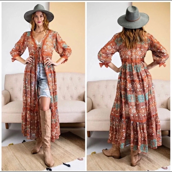Boho Rust Floral Maxi Kimono Duster | Easel Lace Trim Fall Layering Piece | Sz M - Picture 3 of 7